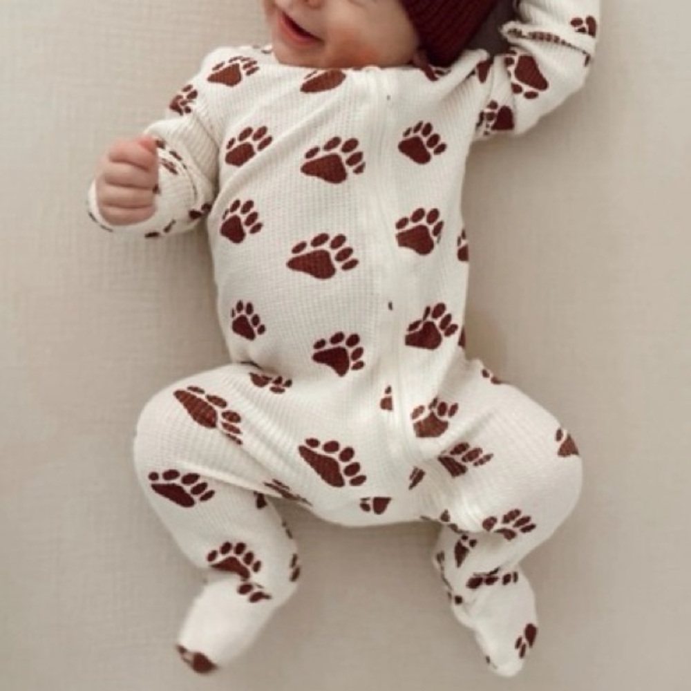 Spearmint Love Cream Organic Waffle Bear Paw Baby One-Piece Zip Footie Romper
